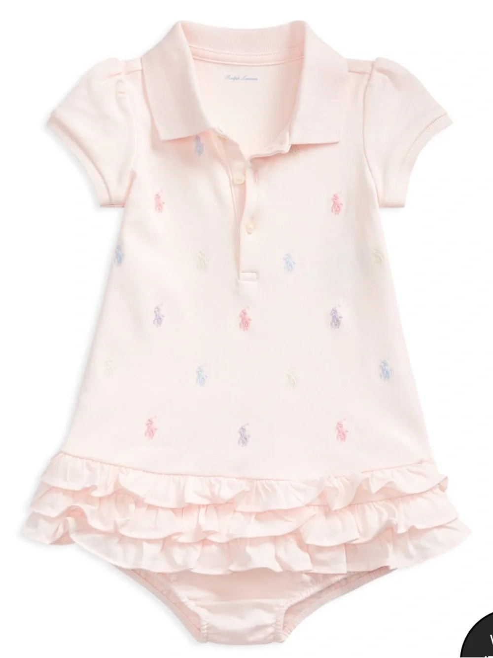 Ralph Lauren Pale Pink Polo Ruffle Baby Dress with ponies and bloomer 24 mo GUC